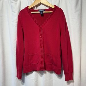 Lands End Red Button Cardigan Classic Preppy Knit Sweater size medium youth
